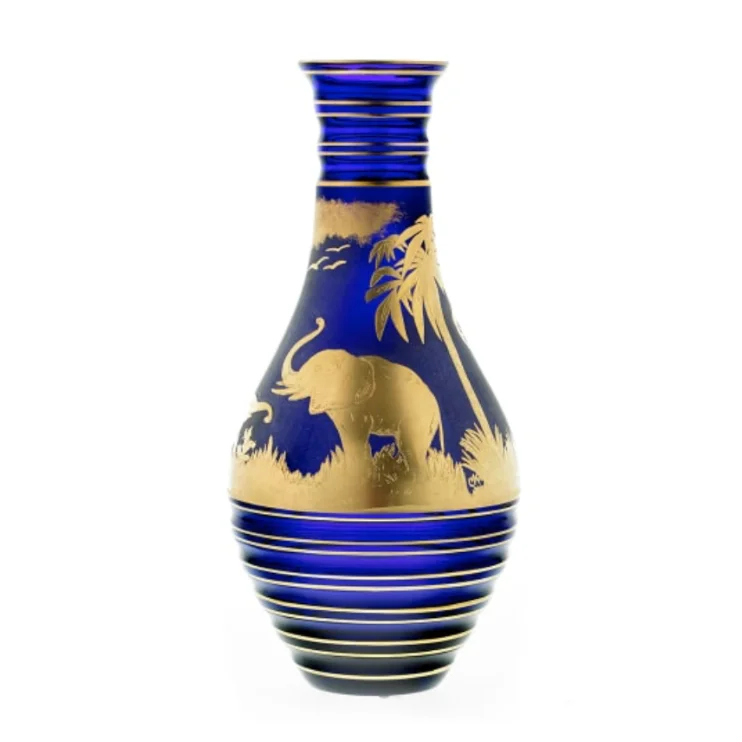 Animor Vase 11.8"H - Engraved Elephants Gold - Dk Blue