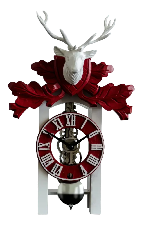 23032-000721 - White & Red Skeleton Mantle Clock w/ Deer & Leaves (Nickel Movement)