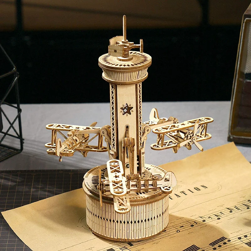 Airplane Control Tower Mechanical Music Box 3D Wooden Puzzle