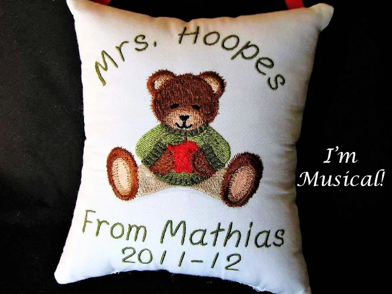 Apple for the Teacher Teddy Bear Music Box Pillow -- Personalized Embroidered MUSICAL Keepsake