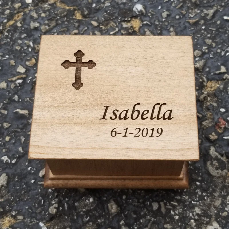 Baptism Music Box custom engraved with name, date and a cross design on top, choose color and song