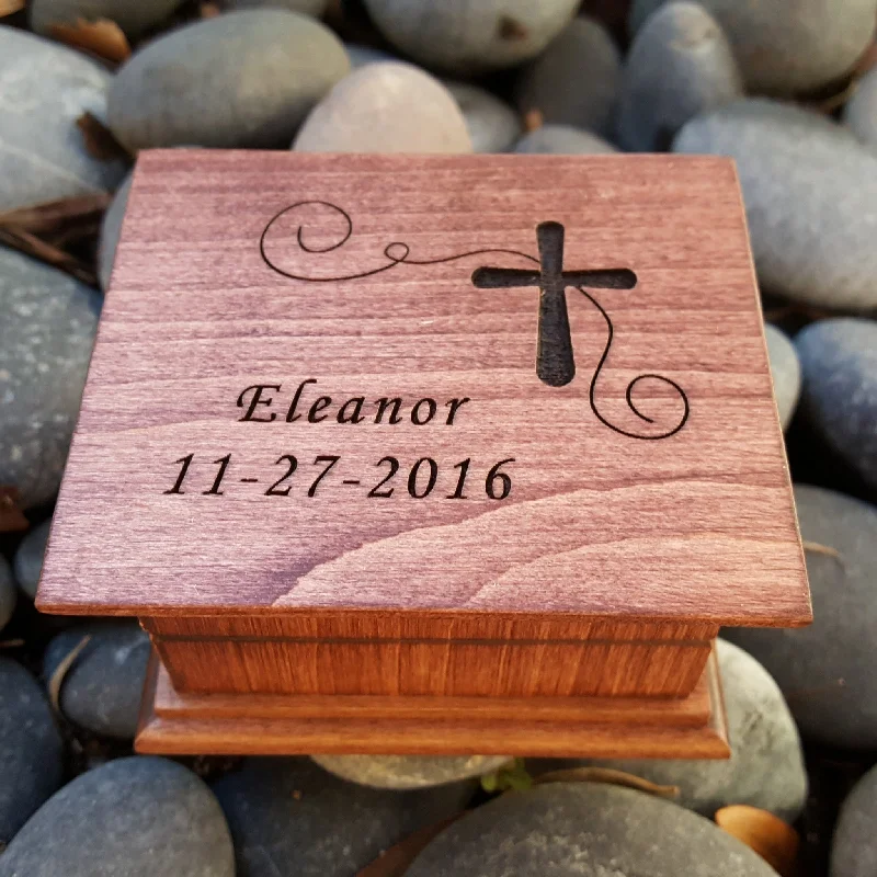 Baptism Music Box custom engraved with name, date and a cross on top, choose color and song