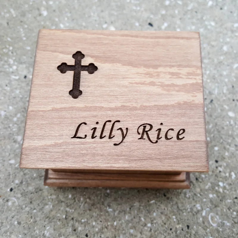 Christening Music Box custom engraved with name and a cross design on top, choose color and song