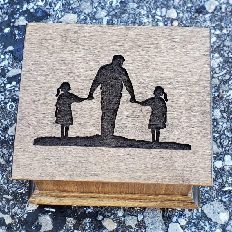 Girls Dad engraved music box with dad and 2 daughters image your choice of your color and song