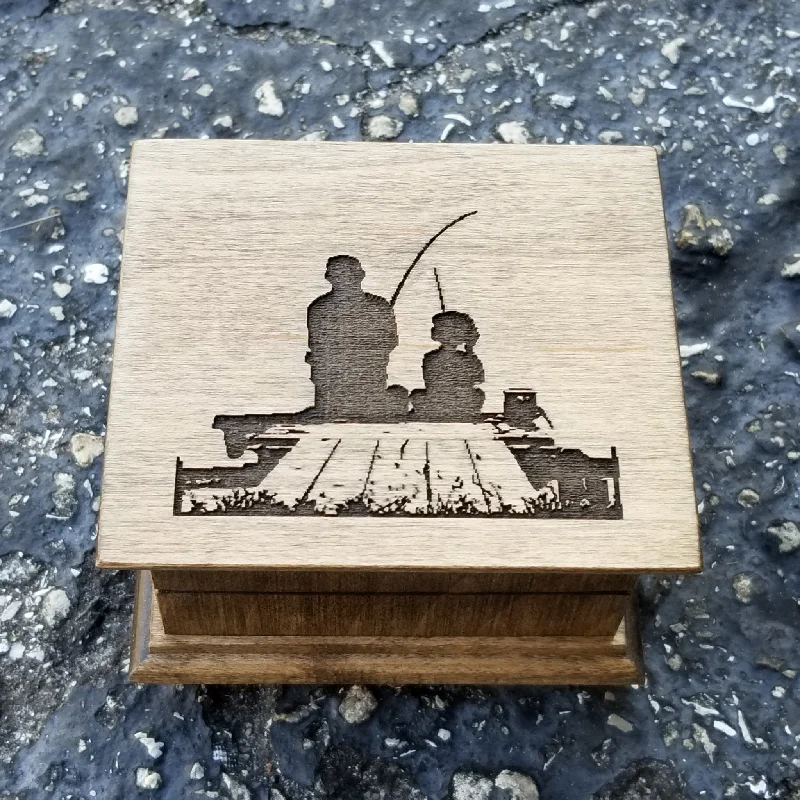 Engraved Music Box with dad and daughter fishing your choice of your color and song