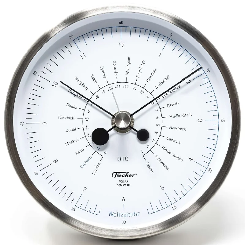 Designer POLAR Instruments - World Time Clock Brushed Stainless