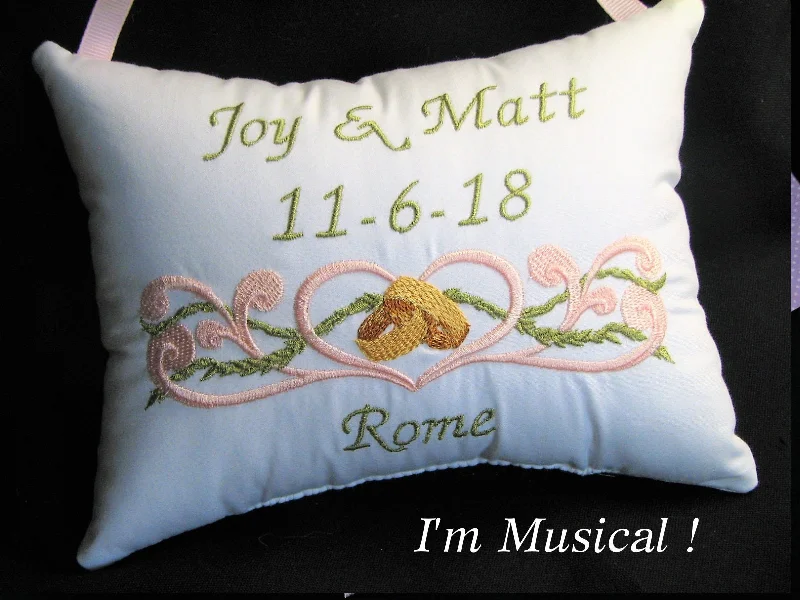 Curls & Rings Wedding Music Box Pillow -- Personalized Embroidered MUSICAL Keepsake