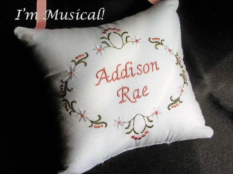 Daisies & Candlewick Sampler Music Box Pillow -- Personalized Embroidered MUSICAL Keepsake