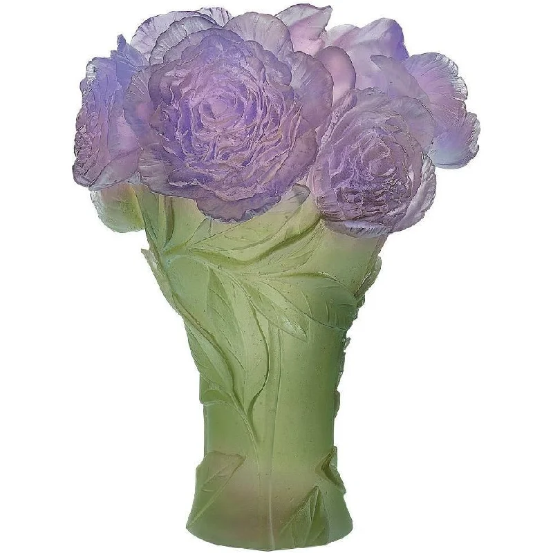 Daum - Crystal Peony Vase in Green & Purple