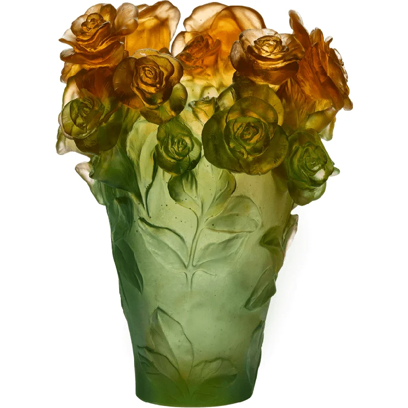 Daum - Crystal Rose Passion Vase in Green & Orange