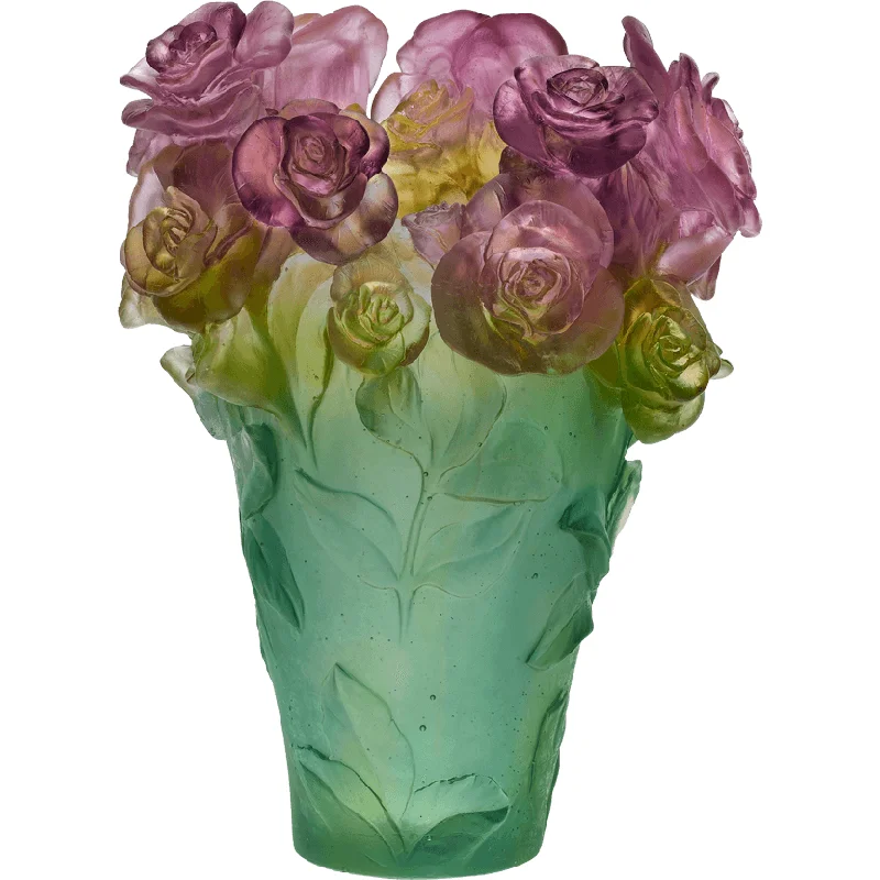 Daum - Crystal Rose Passion Vase in Green & Pink