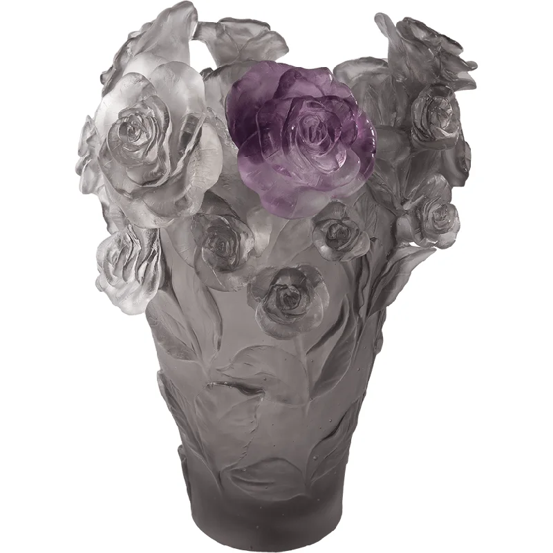 Daum - Crystal Rose Passion Vase in Grey & Purple 500 Ex