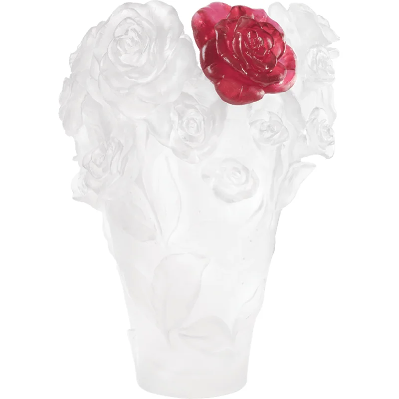 Daum - Crystal Rose Passion Vase in White with Red Flower 500 Ex