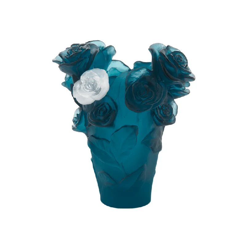 Daum - Crystal Small Rose Passion Vase in Blue with White Rose