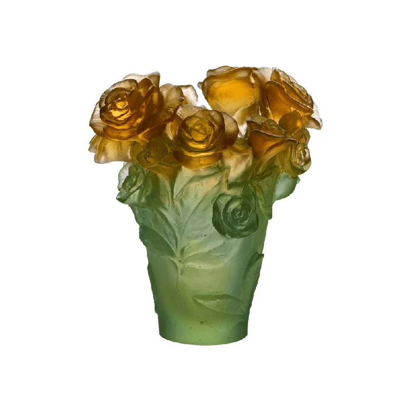 Daum - Crystal Small Rose Passion Vase in Green & Orange