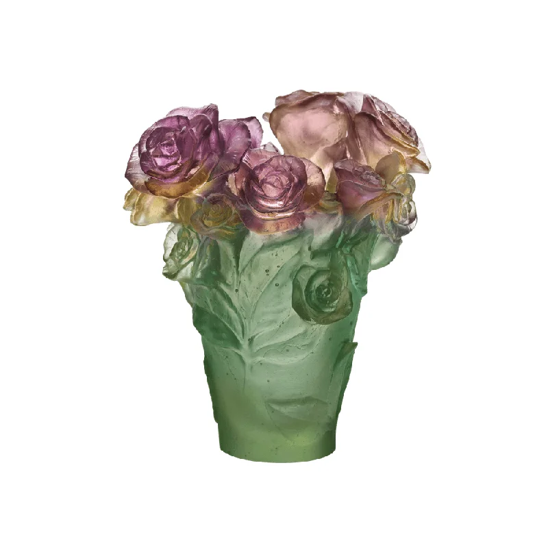 Daum - Crystal Small Rose Passion Vase in Green & Pink