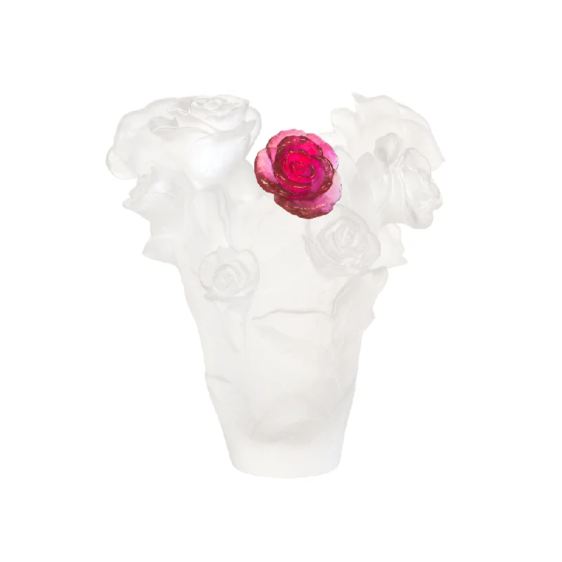 Daum - Crystal Small Rose Passion Vase in White with Red Flower