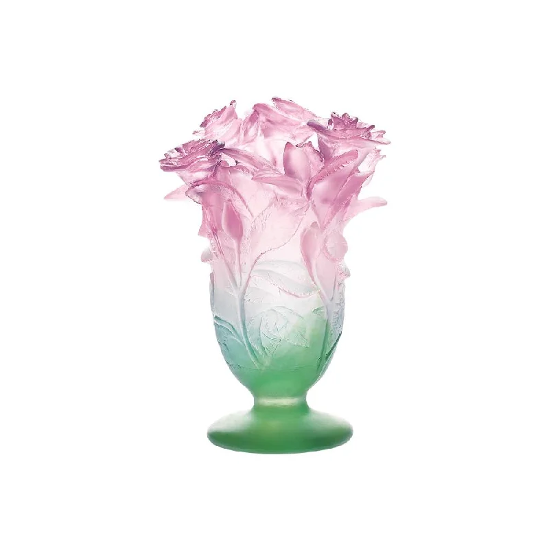 Daum - Crystal Small Roses Vase in Green & Pink