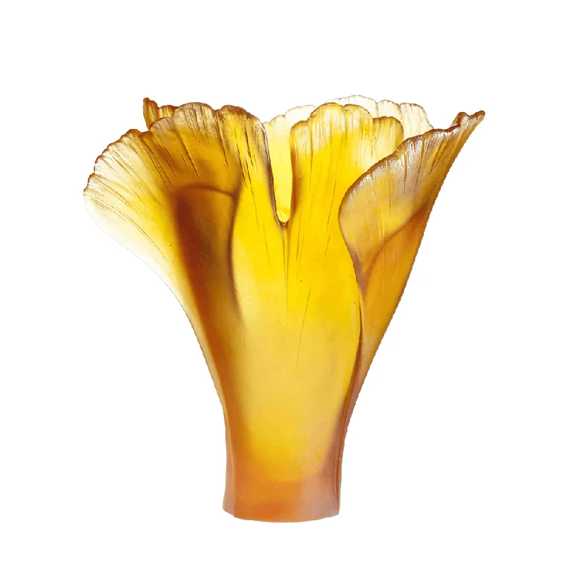 Daum - Large Crystal Ginkgo Vase in Amber