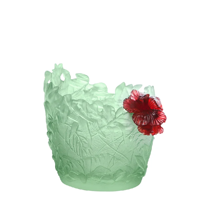 Daum - Medium Crystal Hibiscus Vase in Light Green & Red 225 Ex