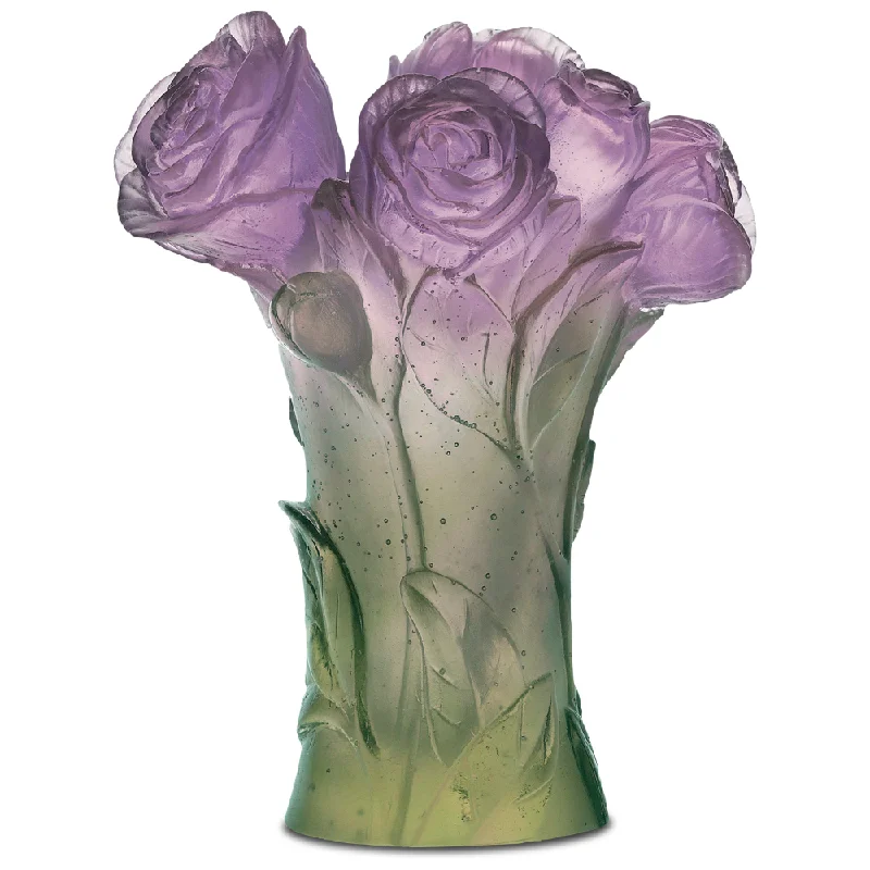 Daum - Small Crystal Peony Vase in Green & Purple