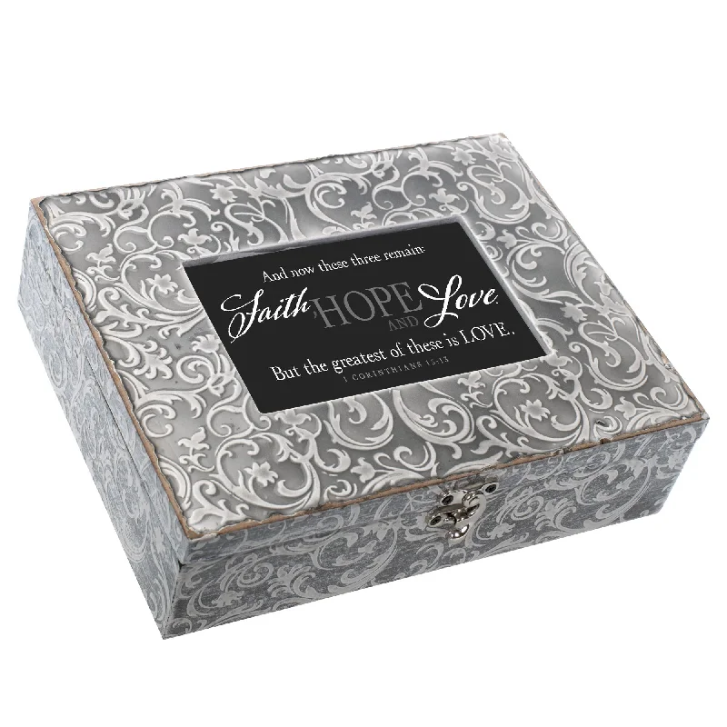 Faith Hope And Love 1 Corinthians 13 Embossed Grey Filigree Music Box Plays Amazing Grace