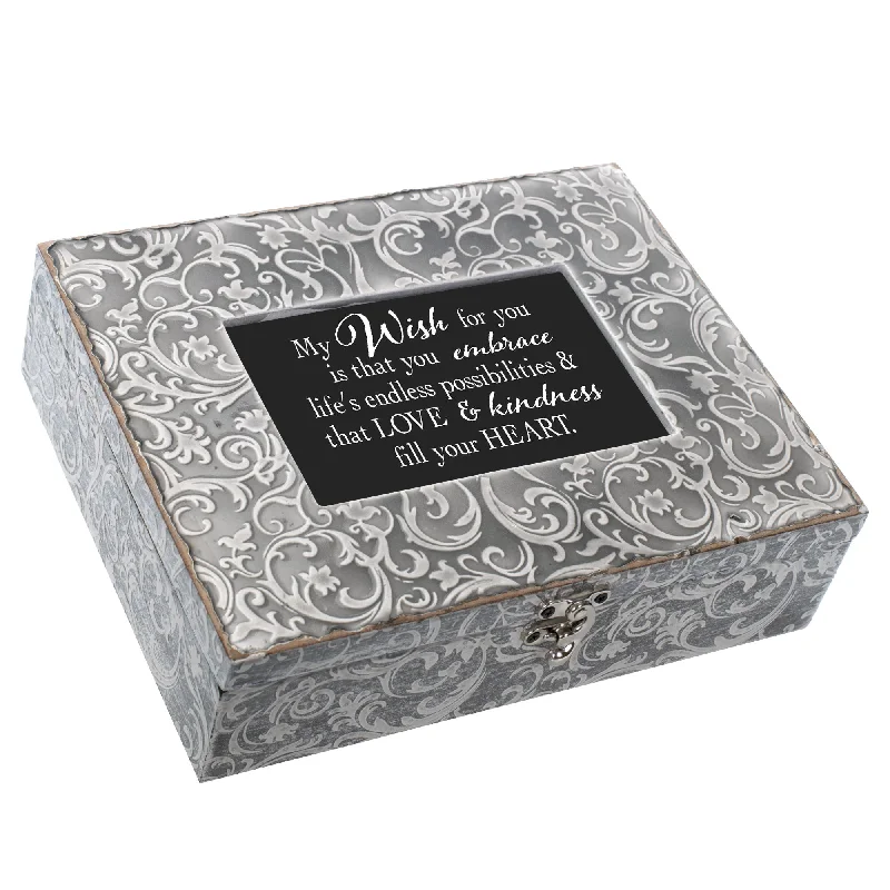 My Wish For You Love Embossed Grey Filigree Music Box Plays What a Wonderful World