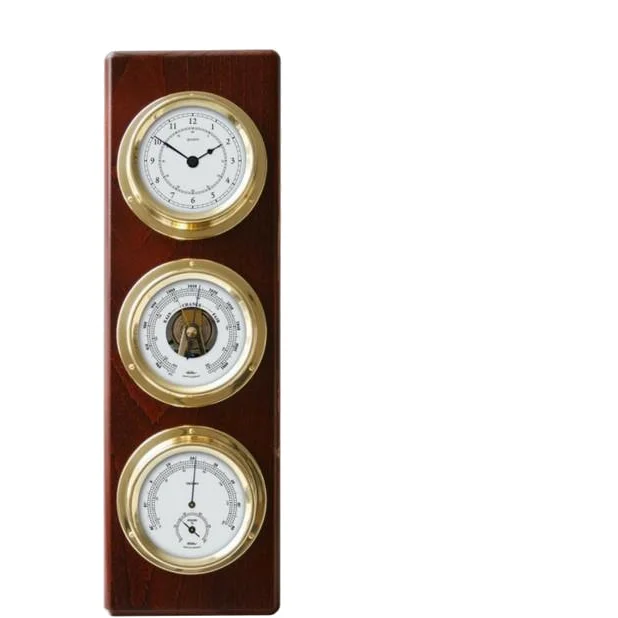 Modern Mahogany & Brass Weatherstation – 4-in-1 Hygrometer, Barometer, Thermometer & Quartz Clock