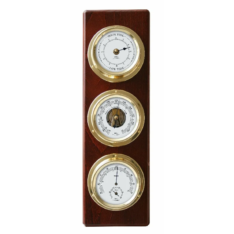 Modern Mahogany & Brass Weatherstation – 4-in-1 Hygrometer, Barometer, Thermometer & Tide Clock