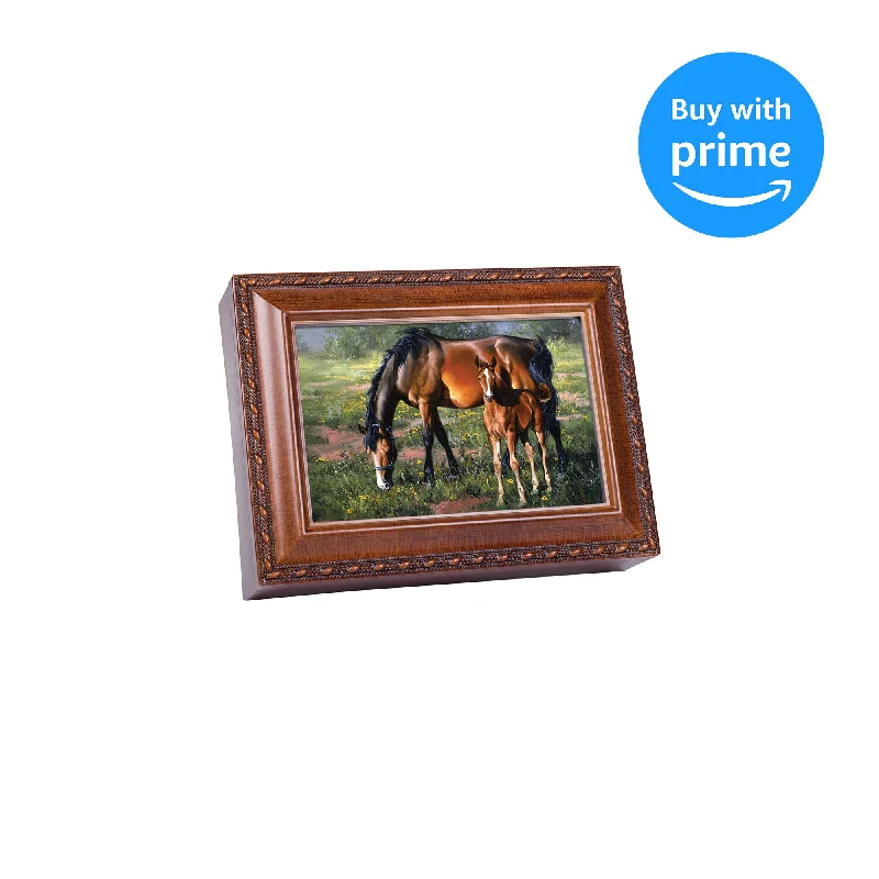 Horses Brown Mare Black Mane Colt Woodgrain Rope Trim Jewelry Music Box Plays Wonderful World