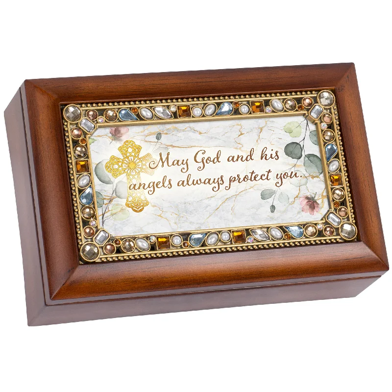 His Angels Protect Jeweled Woodgrain Music Box Plays Amazing Grace