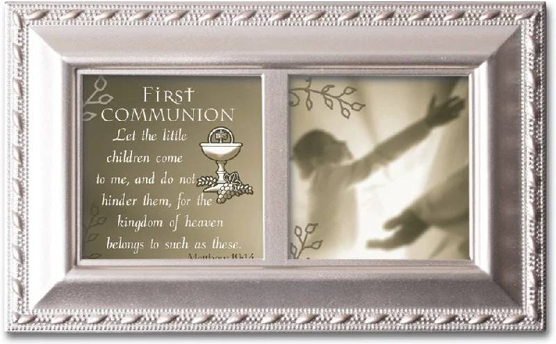 First Communion Brushed Silver Music Box Plays Amazing Grace