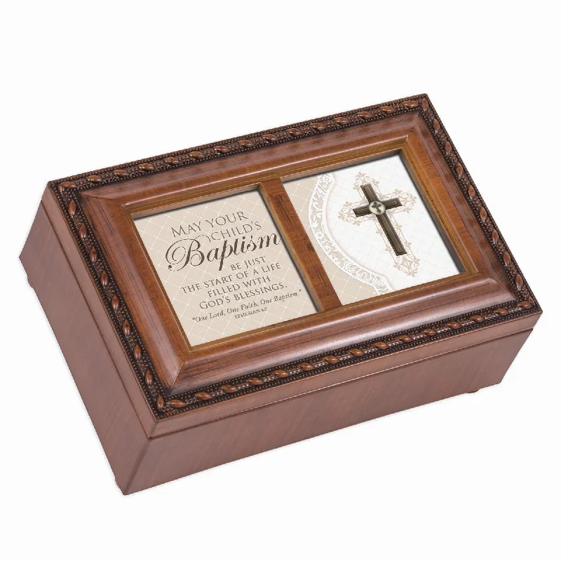 May Your Child's Baptism Woodgrain Music Box Plays Amazing Grace