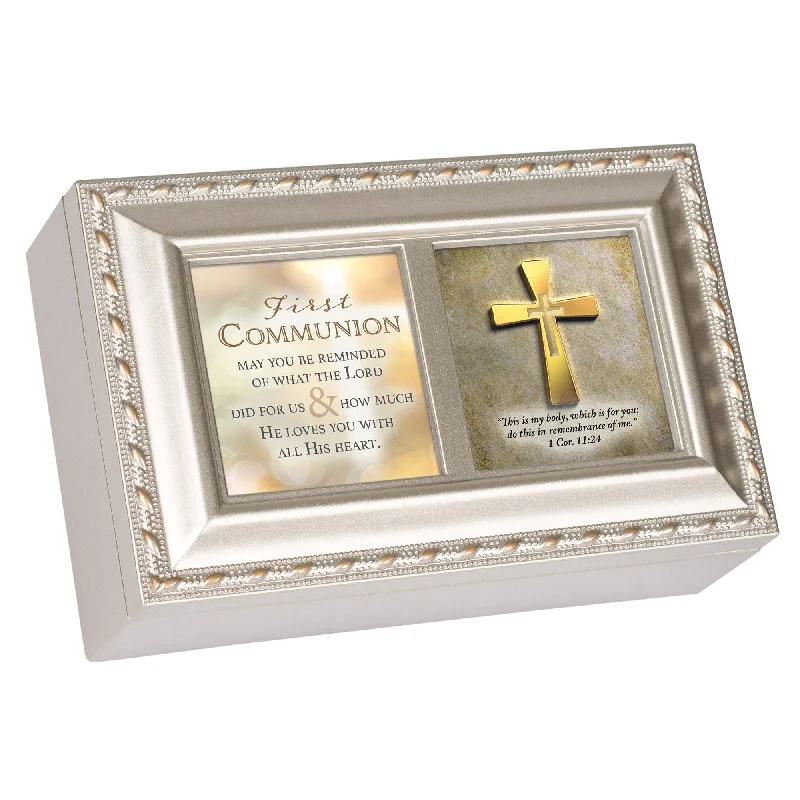 First Communion Champagne Silver Music Box Plays Amazing Grace