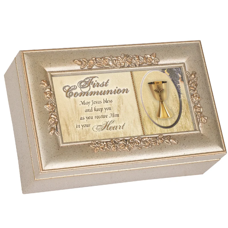 First Communion Petite Rose Music Box Plays How Great Thou Art