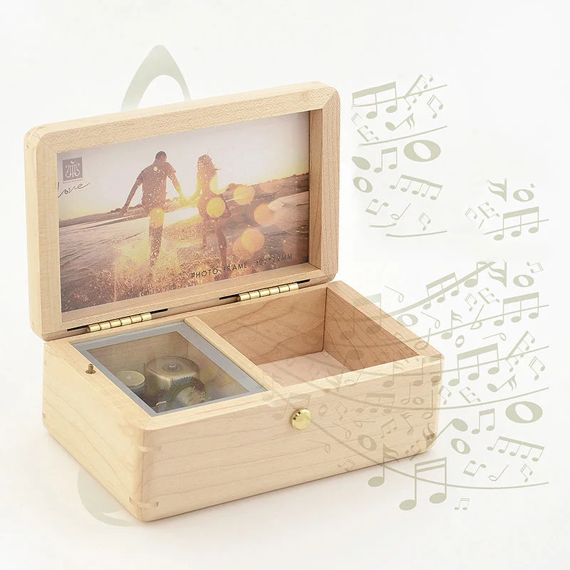 Premium Maple Wooden Music Box with Photo Frame and Jewelry Box (50 Popular Tunes Collection)