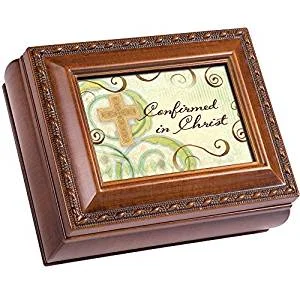 Confirmed Cross Brown Rope Trim Tiny Square Keepsake Box