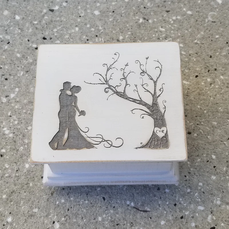 Wedding Music box with couple and tree image with heart carved on top