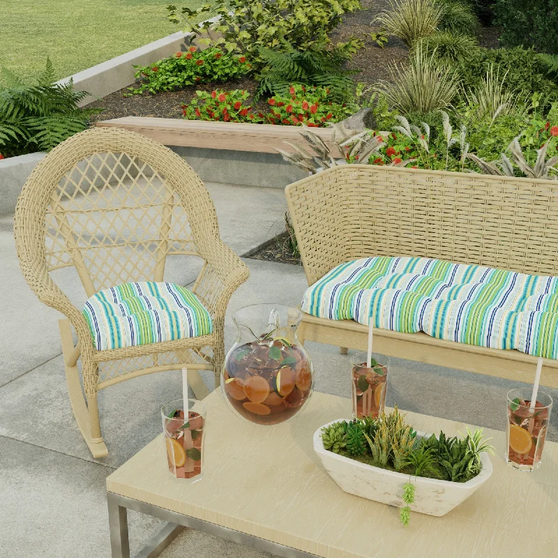 18" x 18" Blue Stripe Contoured Outdoor Wicker Seat Cushion - Set of 2 - 18'' L x 18'' W x 4'' H