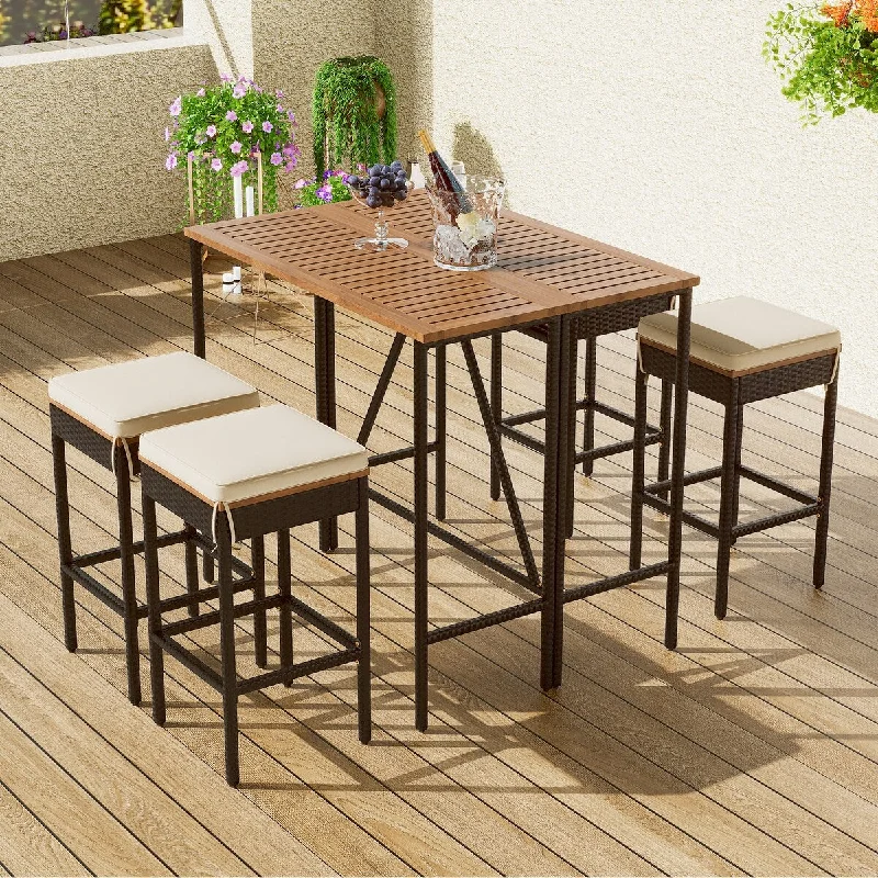 5-Piece All-Weather Patio Outdoor Garden Dining Sets With Acacia Wood Bar Height Table And Four Stools With Cushions