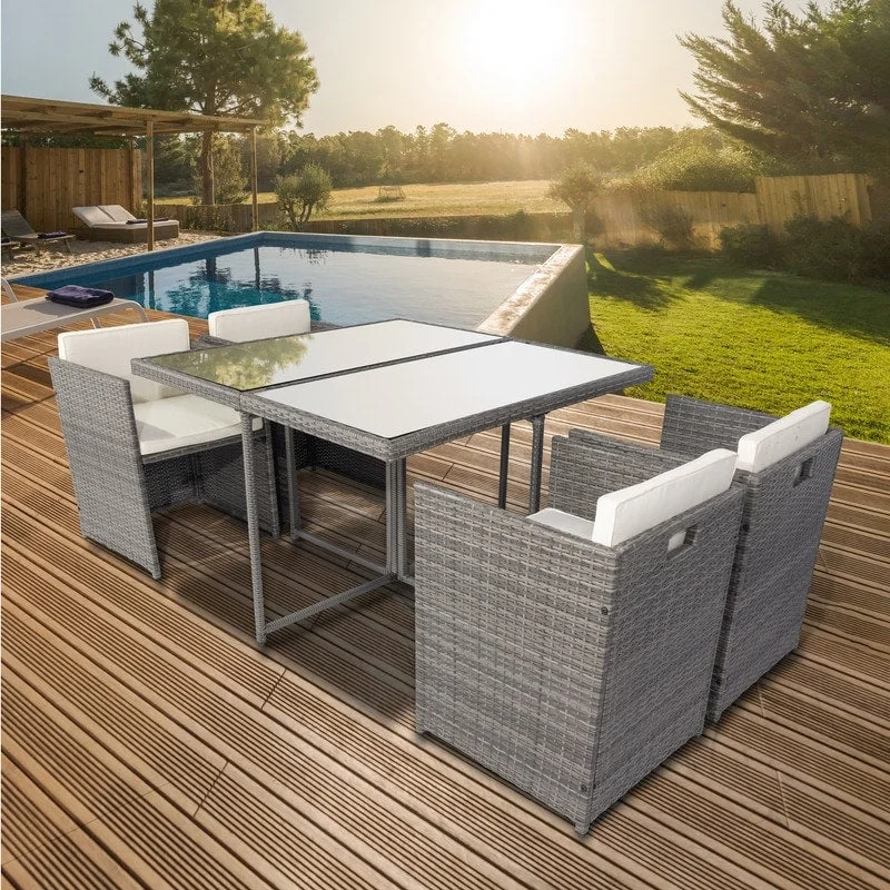 5 Pieces Patio Cushioned Dining Sets Outdoor Rattan Conversation Set