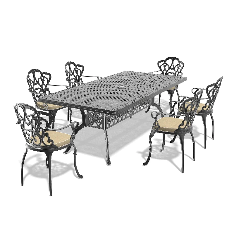 7/9-Piece Cast Aluminum Outdoor Dining Set with 82.68'' L X 41.34'' W Rectangular Table and Random Color Seat Cushions