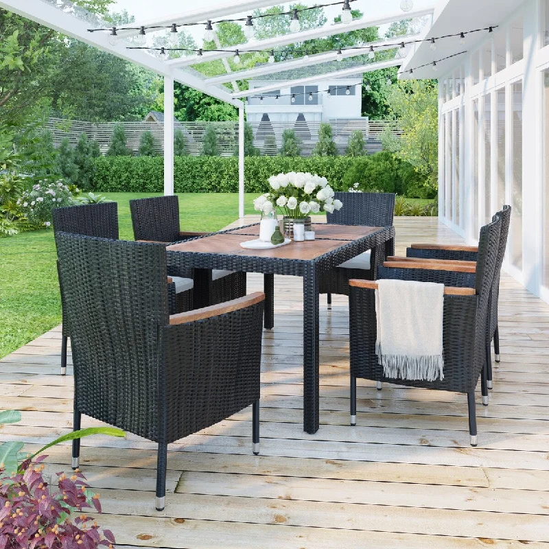 7-Piece PE Rattan Wicker Outdoor Dining Set with Acacia Wood Tabletop, Stackable Armrest Chairs with Cushions