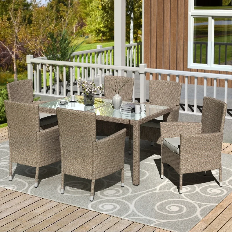 7-Pieces Wicker Patio Dining Set with Tempered Glass Dining Table, 6 Deep Armchair and 6 Beige Seat Cushions