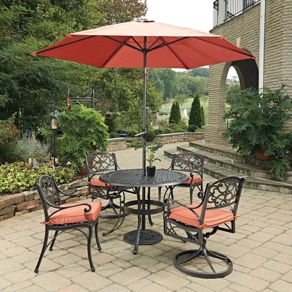 Biscayne Rust Bronze Round 7-piece Outdoor Dining Set with Cushioned Arm and Swivel Rocking Chairs and Umbrella by Home Styles