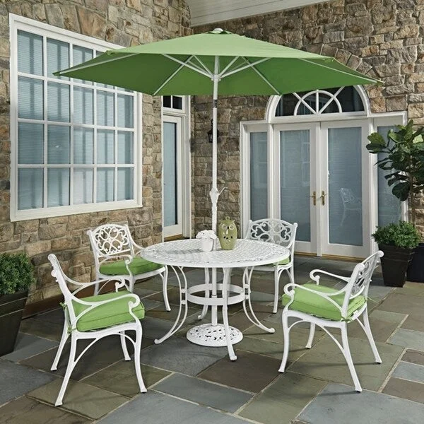 Biscayne White Round 7 Pc Outdoor Dining Table, 4 Arm Chairs with Cushions & Umbrella with Base by Home Styles