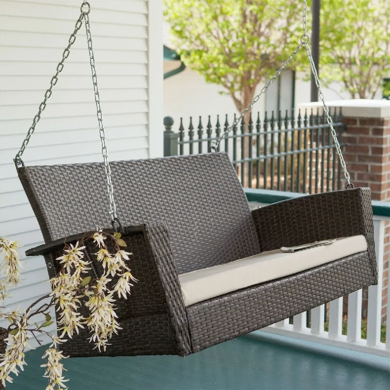 Daily Boutik Modern Dark Brown Resin Wicker Porch Swing with Khaki Seat Cushion