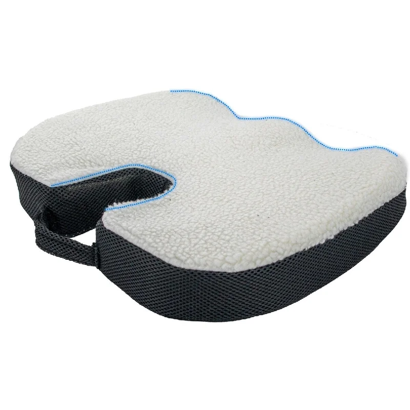 Ergonomic Memory Foam Seat Cushion w/ Plush Fleece Sherpa Top, Non Slip Bottom, & Travel Friendly Carrying Handle - regular