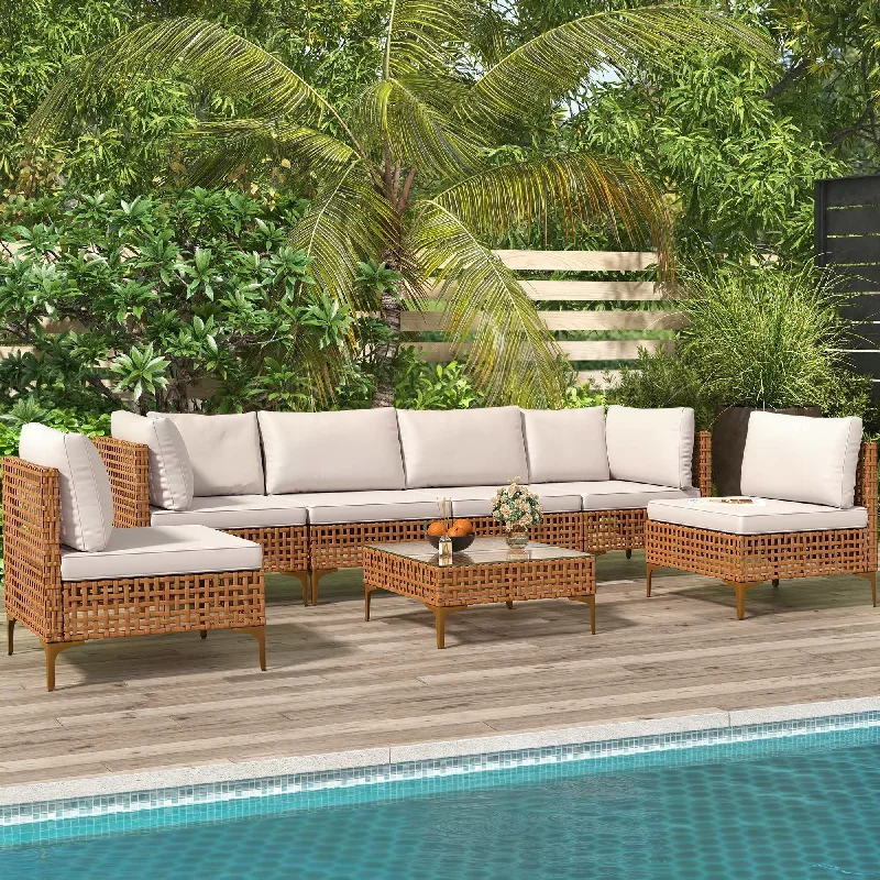 Moasis 7PCS Patio Furniture Sectional Sofa Conversation Set for Patio Backyard Poolside Porch with Coffee Table & Cushions