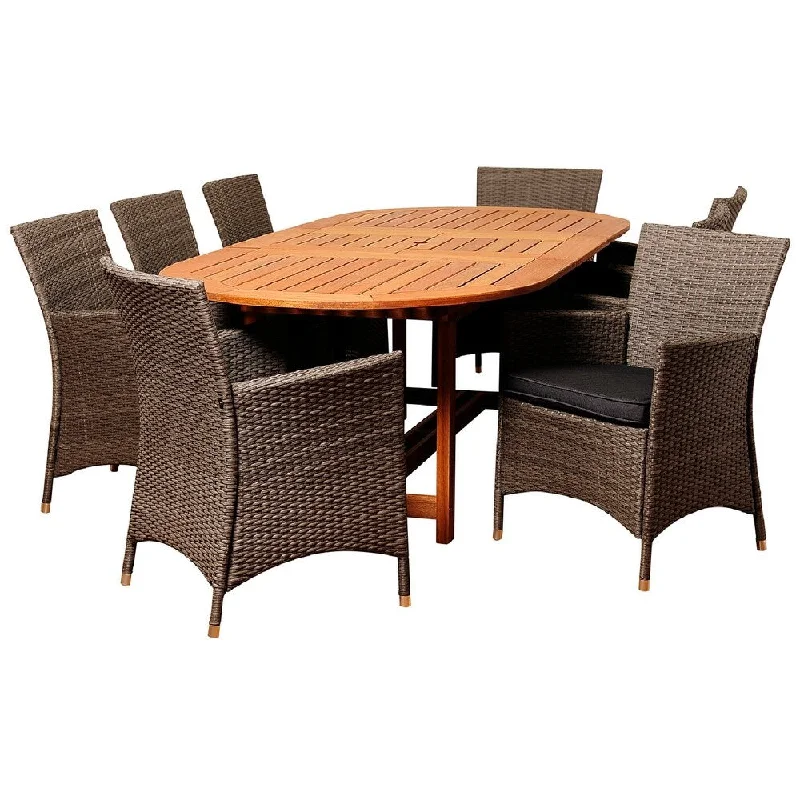 Nicholas 9-Piece Outdoor Dining Set Eucalyptus Wicker Rectangular Patio Furniture with Grey Cushions